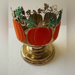 Bath & Body Works THANKSGIVING Pedestal Candle Holder - Flocked PUMPKIN & LEAVES